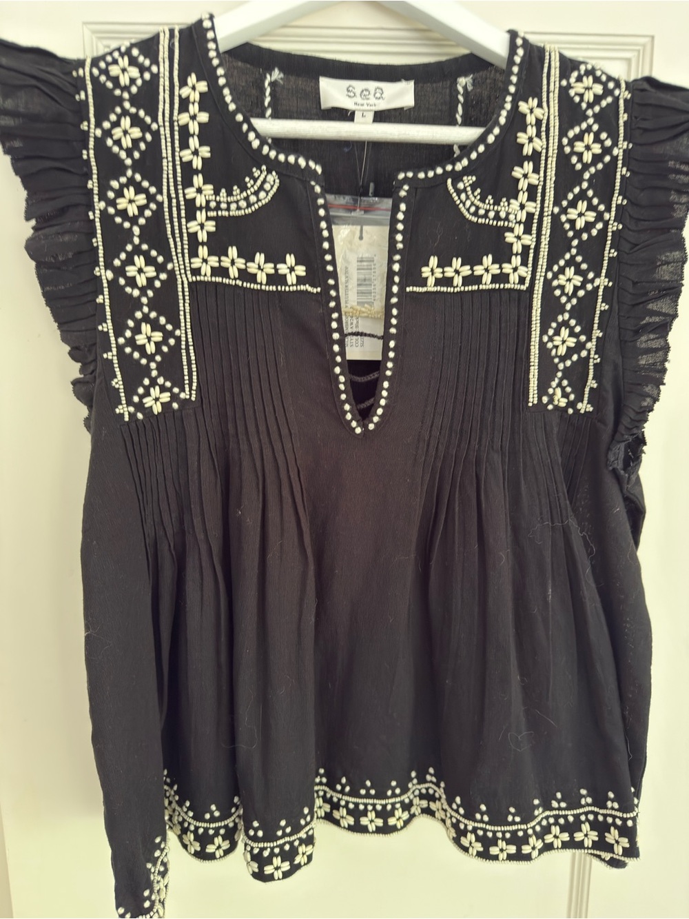 Sea New York Black Sleeveless Embroidered beaded Peasant Top